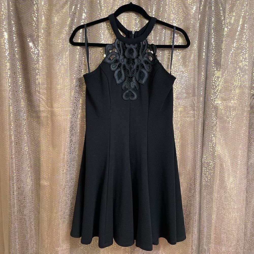 Material Girl Black Embroidered Lace Halter Neck Flared Mini Dress, Large
